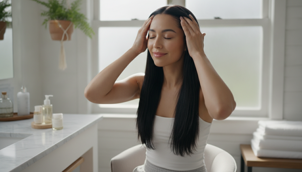 A woman gently massaging natural oil into her scalp looking relaxed and happy indicating self-care and healthy hair rout
