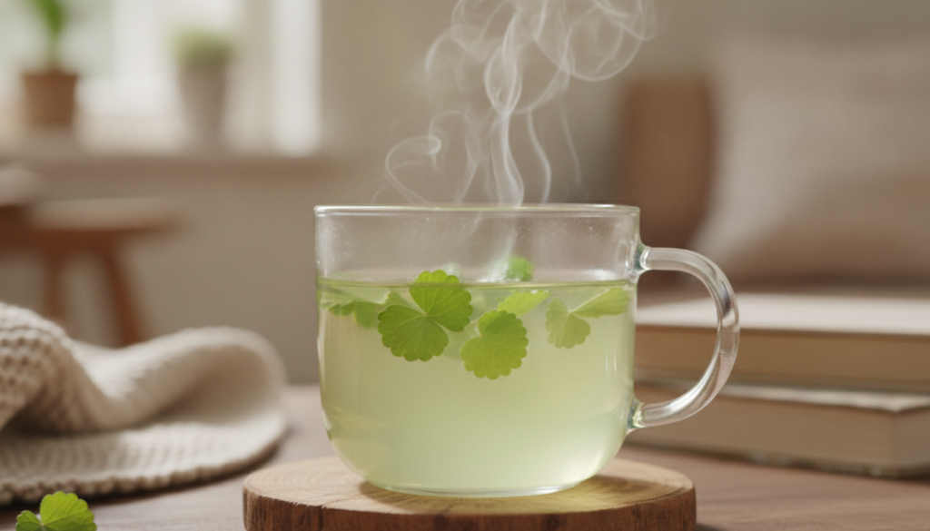 A close-up shot of a clear glass mug filled with a light green herbal infusion with a few fresh green leaves of Phyla no