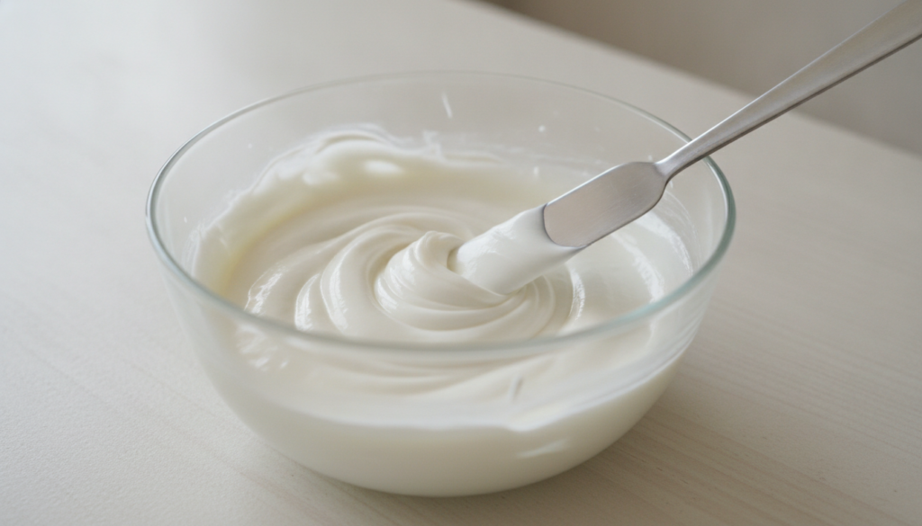 A close-up of a creamy white paste being mixed in a small bowl representing the Vaseline and baking soda mask