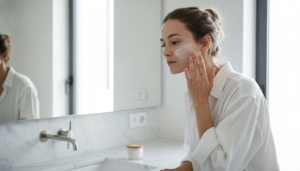 A woman gently applying a white face mask to her clean face in a brightly lit bathroom
