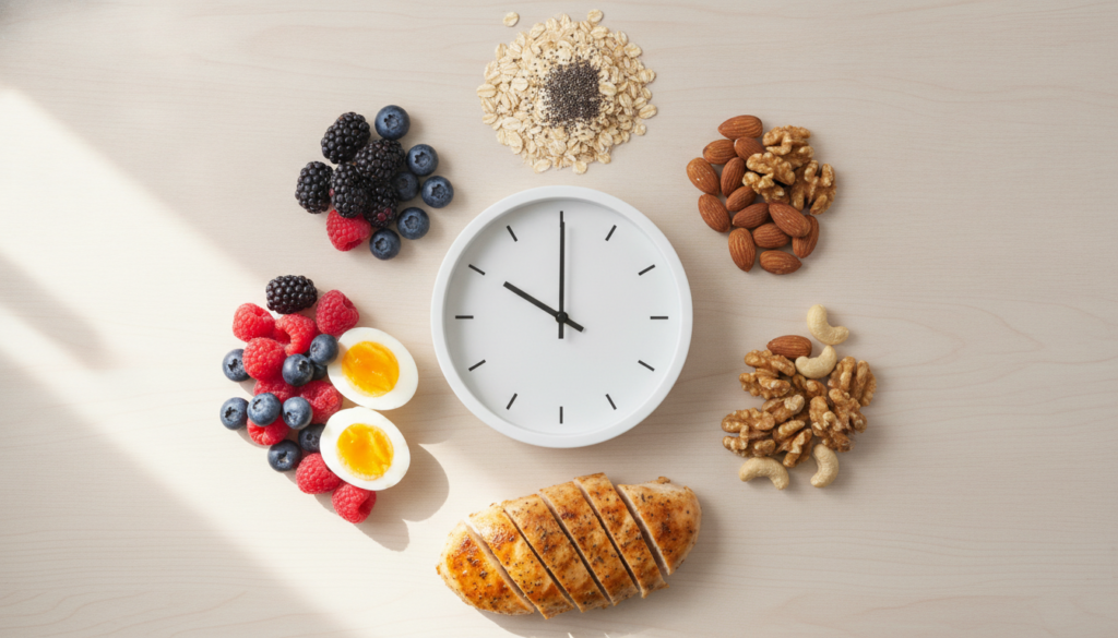 A variety of healthy foods like fruits vegetables lean proteins and whole grains are artfully arranged next to a stylize