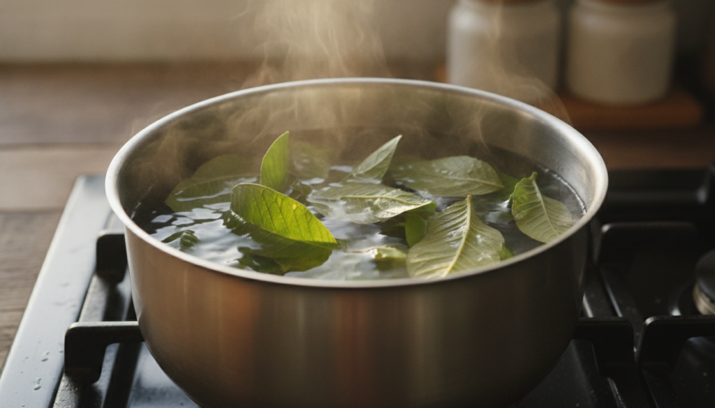 A close-up of fresh guava leaves being gently simmered in a pot of water on a stove with steam rising