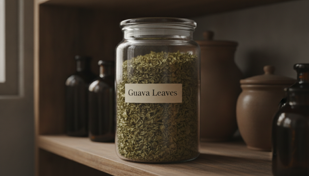 An airtight glass jar filled with dried crushed guava leaves clearly labeled stored in a cool dark pantry setting