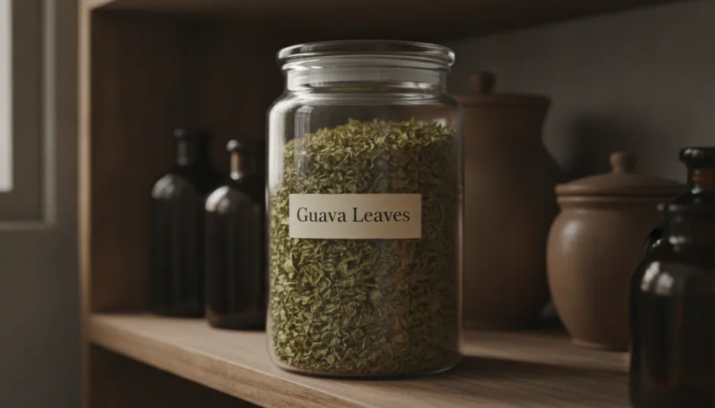 An airtight glass jar filled with dried crushed guava leaves clearly labeled stored in a cool dark pantry setting