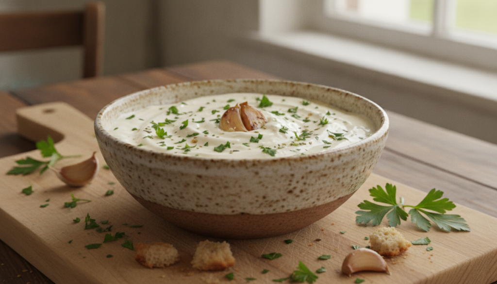 A rustic bowl of creamy garlic herb vegan aioli garnished with fresh chopped parsley and a roasted garlic clove on a woo
