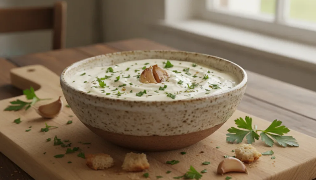 A rustic bowl of creamy garlic herb vegan aioli garnished with fresh chopped parsley and a roasted garlic clove on a woo