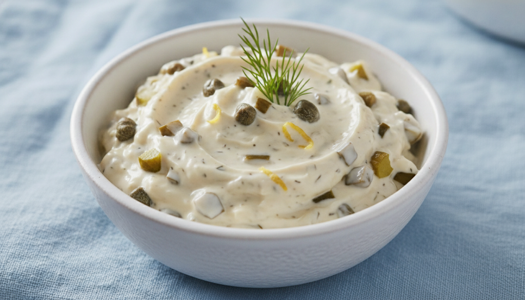 A small bowl of chunky lemon dill vegan tartar sauce with visible capers and pickles garnished with a fresh dill sprig