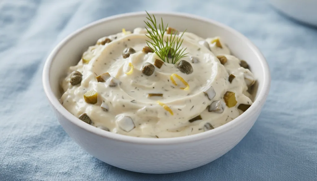 A small bowl of chunky lemon dill vegan tartar sauce with visible capers and pickles garnished with a fresh dill sprig