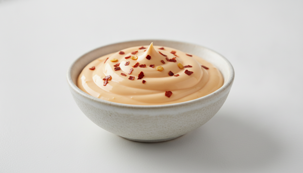 A small bowl of creamy light orange spicy vegan mayonnaise garnished with a few red chili flakes on a clean background