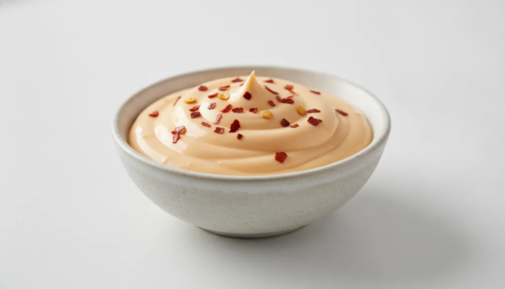 A small bowl of creamy light orange spicy vegan mayonnaise garnished with a few red chili flakes on a clean background