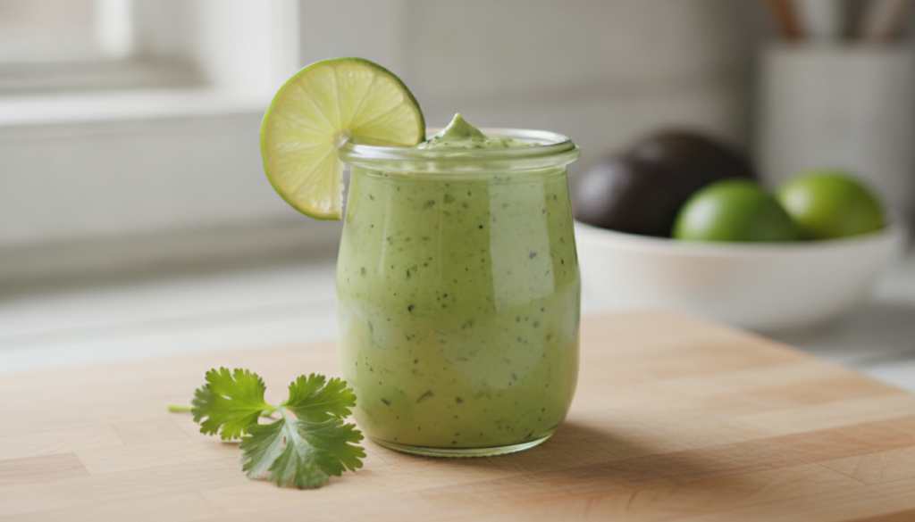 A vibrant green creamy avocado lime dressing in a glass jar garnished with a lime wedge and cilantro sprig
