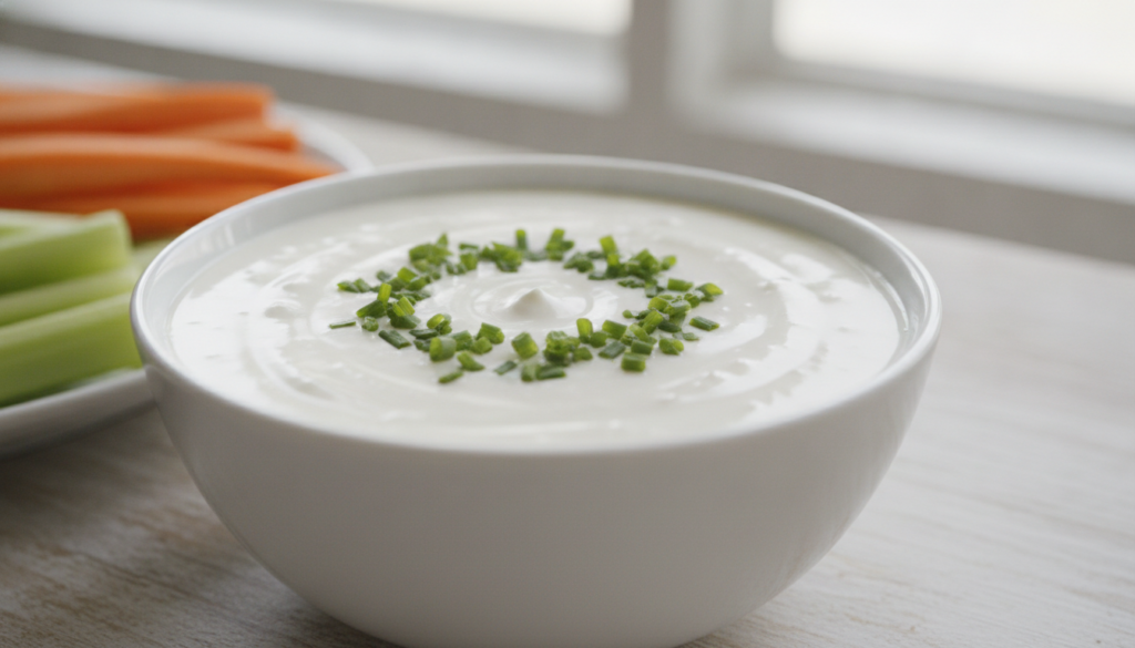 A bowl of creamy white nut-free vegan ranch dressing garnished with fresh green herbs with some vegetable sticks on the