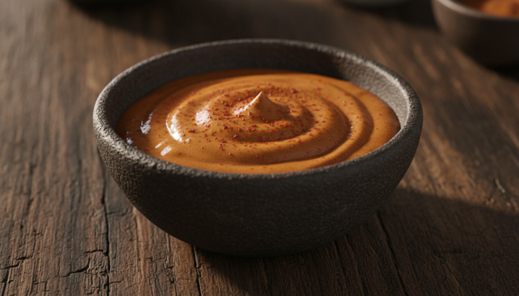 A small bowl of smoky reddish-brown chipotle vegan mayonnaise garnished with a sprinkle of smoked paprika on a dark rust