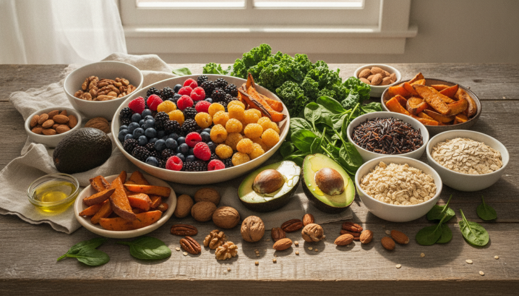 A vibrant and inviting spread of various whole foods including colorful berries leafy greens avocados nuts sweet potatoe