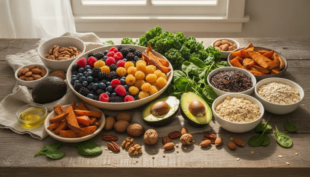 A vibrant and inviting spread of various whole foods including colorful berries leafy greens avocados nuts sweet potatoe