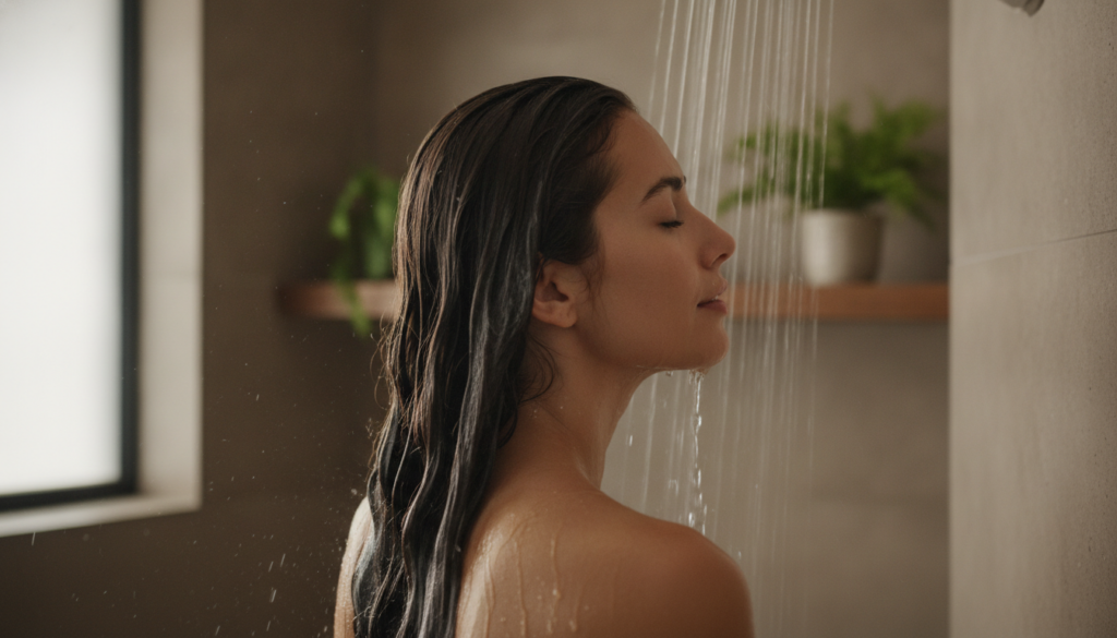 A person rinsing their hair under a shower after applying a hair mask with water flowing through their dark hair