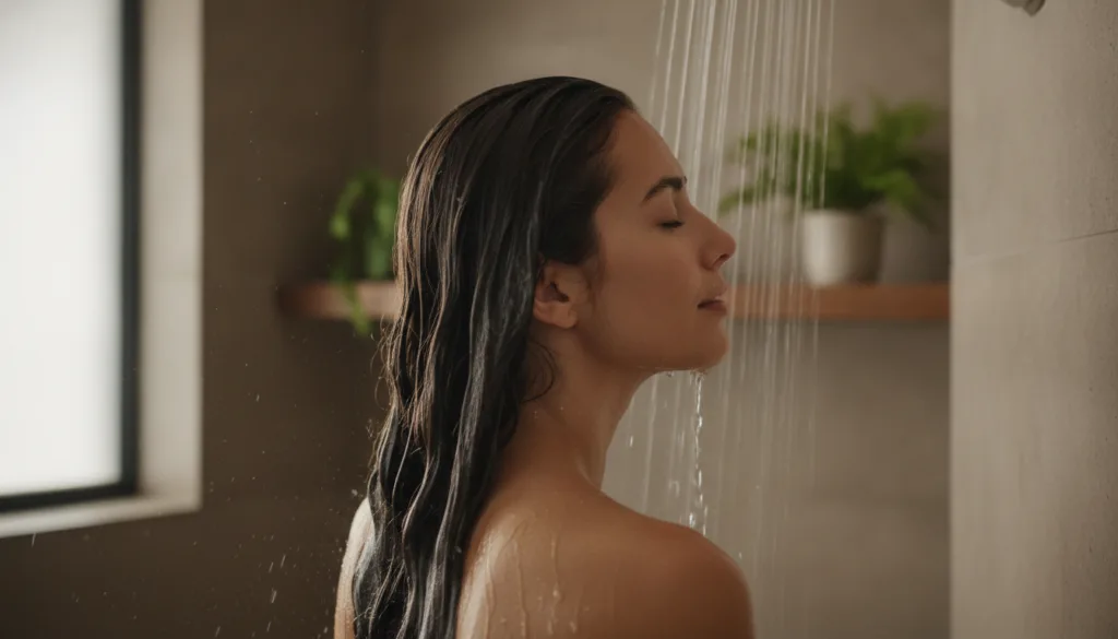 A person rinsing their hair under a shower after applying a hair mask with water flowing through their dark hair