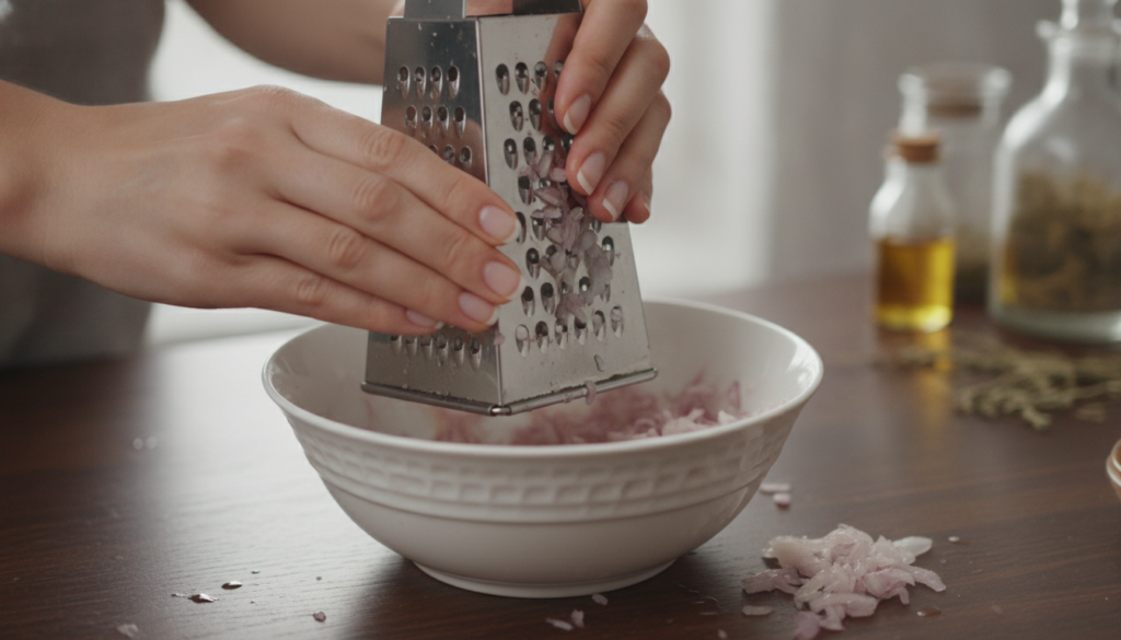 Close-up of a person grating a red onion into a bowl to prepare a hair mask