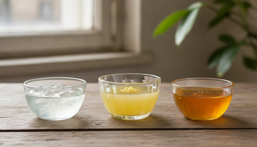 Three small bowls containing aloe vera gel freshly squeezed lemon juice and honey arranged on a rustic wooden surface