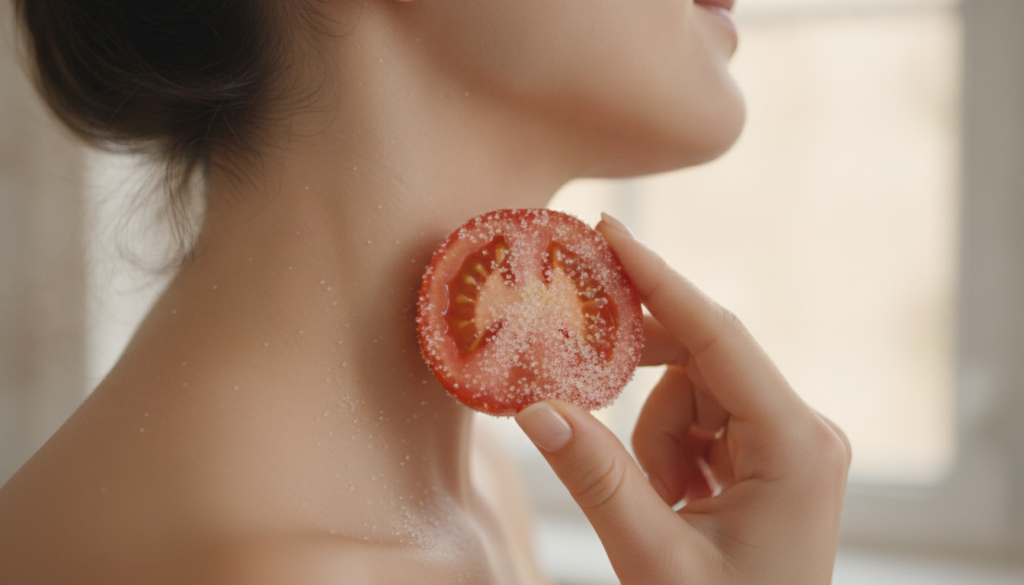 Close-up of a hand gently scrubbing a dark neck area with a tomato half covered in sugar The person is looking away show