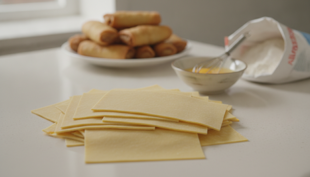 A stack of rectangular golden-yellow homemade egg roll wrappers with a bowl of beaten eggs and flour in the background B