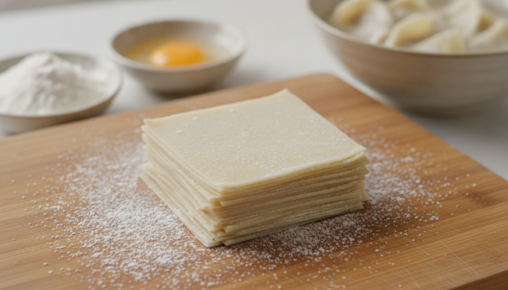 A pile of thin square homemade wonton wrappers on a floured surface with raw ingredients like flour and an egg in the ba