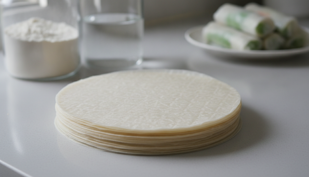 A stack of circular slightly translucent homemade spring roll wrappers made from flour on a clean surface Ingredients li