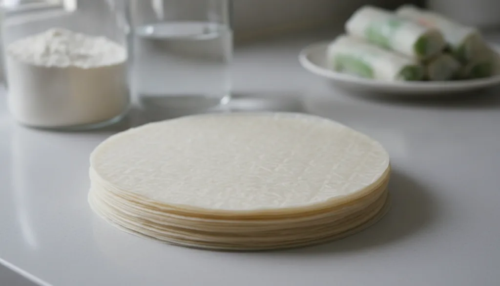 A stack of circular slightly translucent homemade spring roll wrappers made from flour on a clean surface Ingredients li