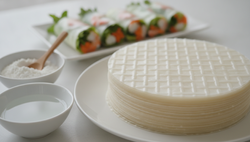 A delicate stack of translucent homemade rice paper wrappers with rice flour and water in bowls nearby Blurred fresh spr