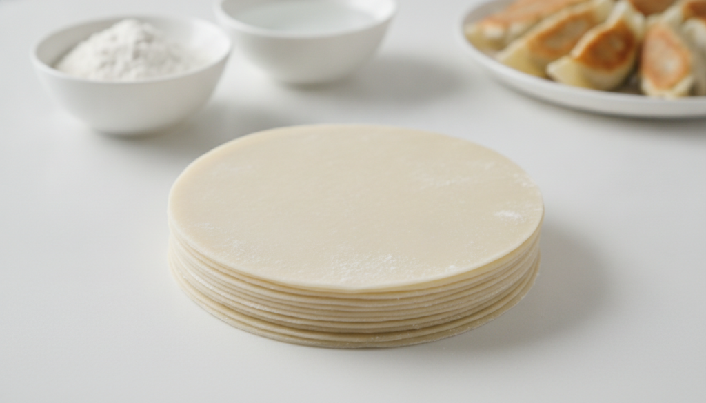 A stack of round thin homemade gyoza wrappers slightly ruffled at the edges on a clean surface Flour and water are visib