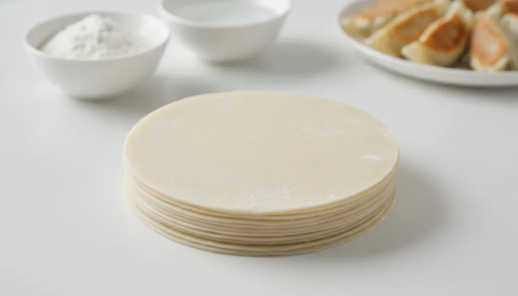 A stack of round thin homemade gyoza wrappers slightly ruffled at the edges on a clean surface Flour and water are visib