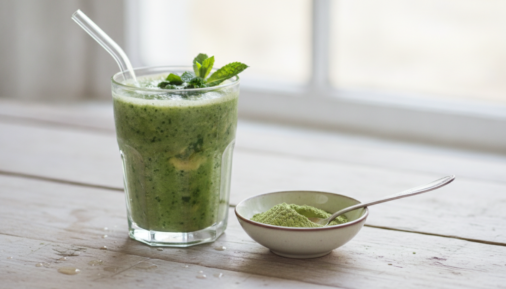 A glass of green smoothie with a straw with a spoonful of the beauty powder blend next to it suggesting daily consumptio