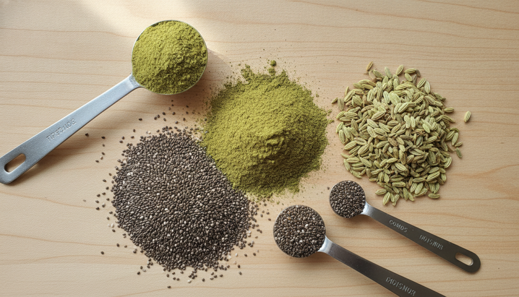 Various dry ingredients like green moringa powder chia seeds and fennel seeds laid out on a clean counter with measuring
