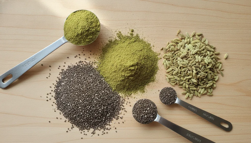 Various dry ingredients like green moringa powder chia seeds and fennel seeds laid out on a clean counter with measuring