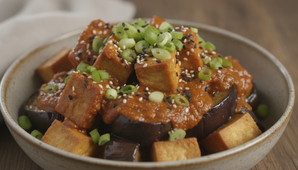 Close-up of a vibrant bowl of baked eggplant and tofu coated in a rich peanut sauce garnished with fresh herbs and sesam