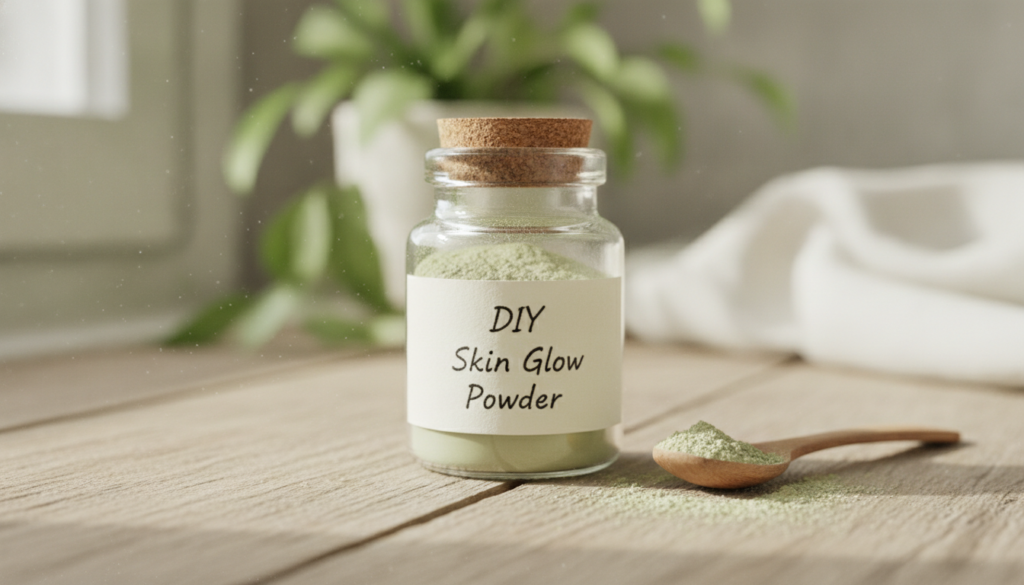 A small glass jar filled with a finely ground light green powder with a label that says DIY Skin Glow Powder