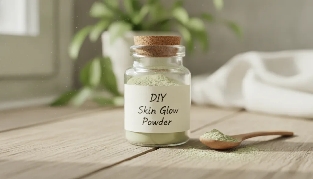 A small glass jar filled with a finely ground light green powder with a label that says DIY Skin Glow Powder