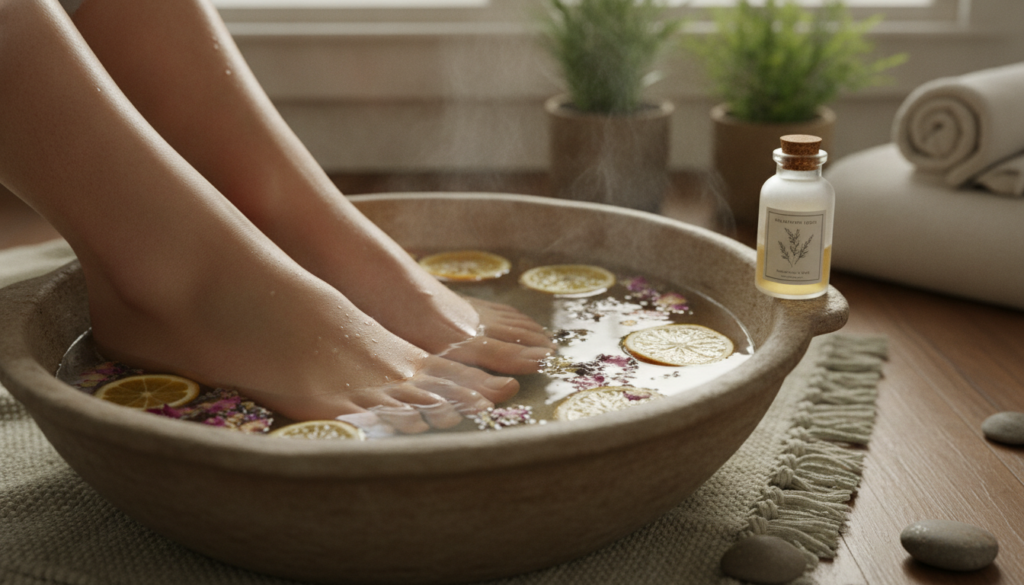 A person s feet soaking in a warm basin of water with essential oils or flower petals floating on top A small bottle of