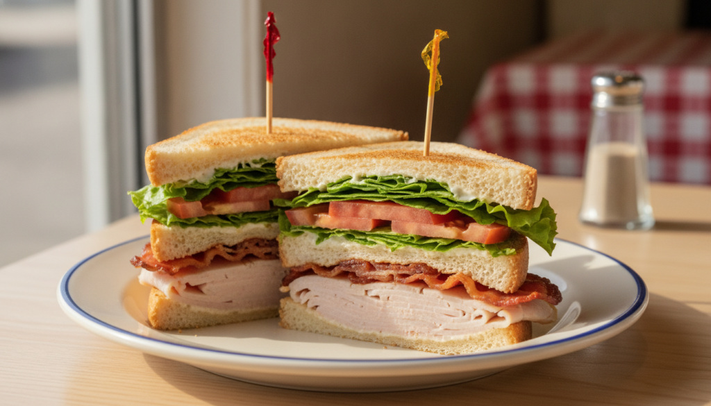 A classic triple-decker Turkey Club sandwich neatly stacked with white bread deli turkey crispy bacon fresh lettuce toma