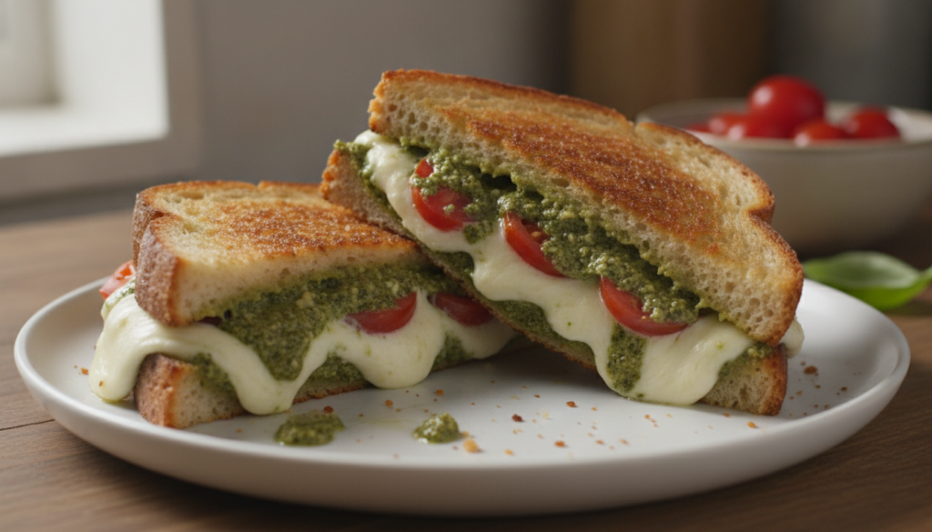 A gooey Pesto Grilled Cheese sandwich on sourdough bread cut diagonally with melted mozzarella bright green pesto and sl