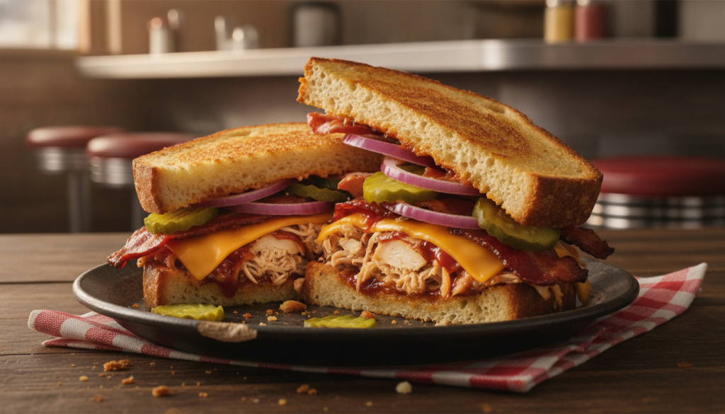 A hearty Cowboy Chicken Club sandwich on Texas Toast layered with shredded chicken BBQ sauce crispy bacon red onion ched
