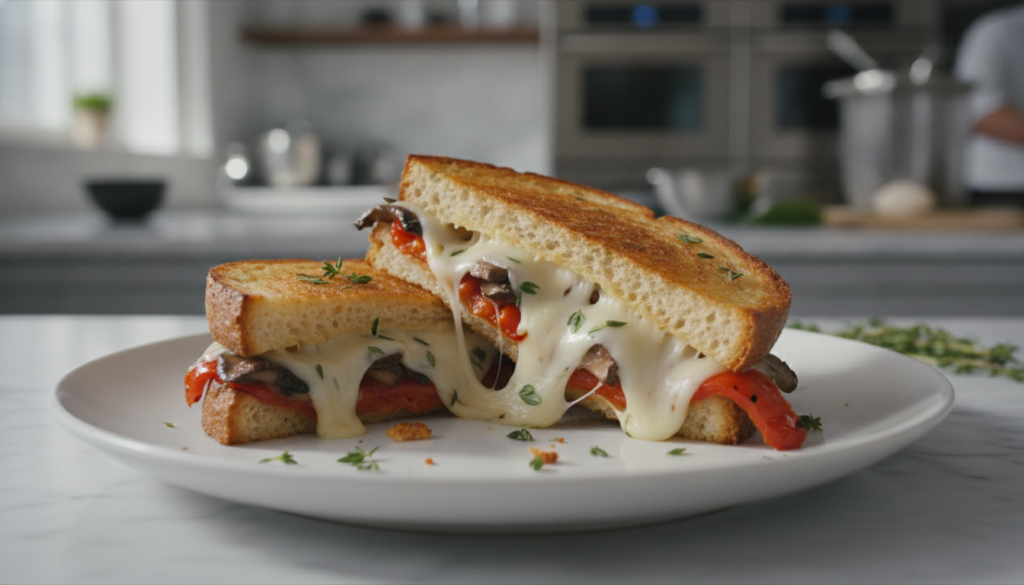 A gourmet Mushroom Roasted Pepper Grilled Cheese on brioche bread cut diagonally with melted provolone cheese sautéed mu
