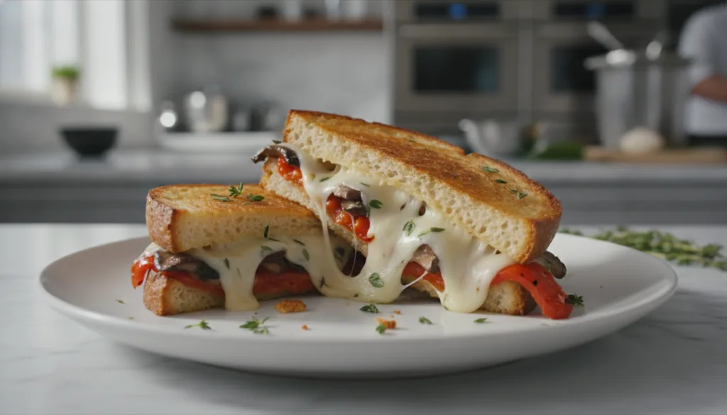 A gourmet Mushroom Roasted Pepper Grilled Cheese on brioche bread cut diagonally with melted provolone cheese sautéed mu