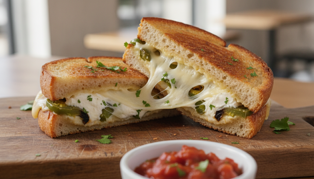 A spicy Roasted Jalapeño Grilled Cheese on ciabatta bread cut in half showcasing melted pepper jack cheese roasted jalap