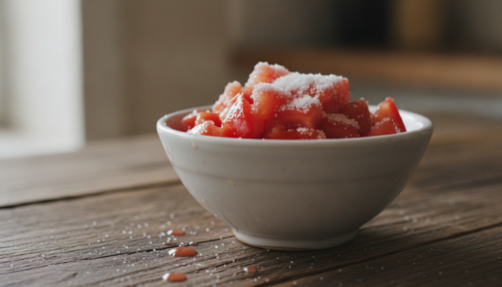 Close-up of a bowl containing chopped tomatoes and sugar ready to be mixed for a DIY scrub with a natural light setting