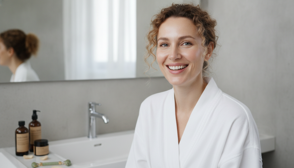 A woman with clear glowing skin after using a natural scrub looking happy and confident in a bright clean setting