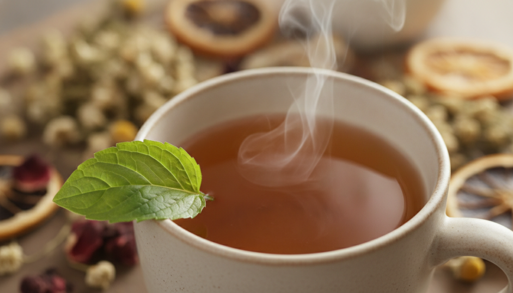A close-up of a steaming cup of amber-colored herbal tea garnished with a single green leaf set against a blurred backgr