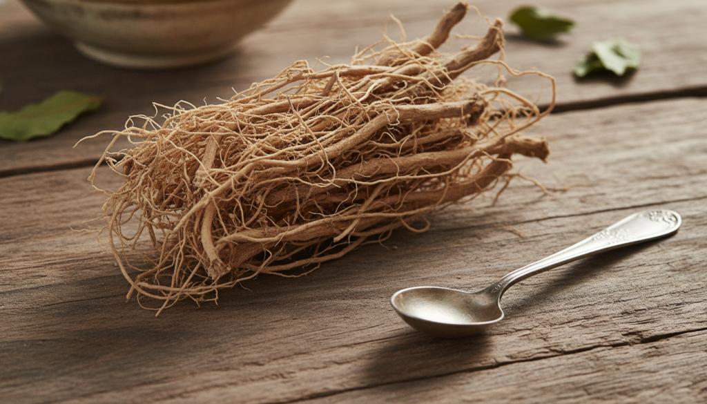 A close-up of dried Prickly Chaff Root Achyranthes aspera roots light brown and fibrous arranged neatly on a rustic wood