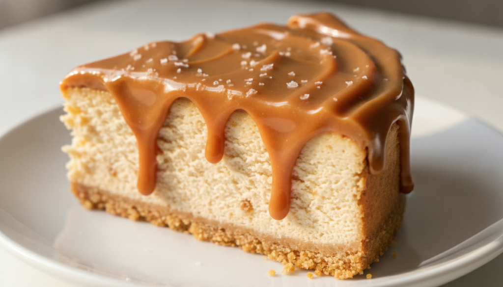 A slice of salted caramel cheesecake drizzled with glossy caramel sauce and a sprinkle of sea salt on a white plate Warm