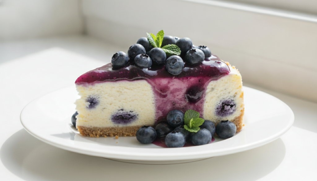 A slice of blueberry cheesecake with a vibrant purple blueberry topping and fresh blueberries on a white plate Bright na